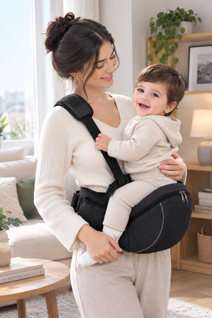Baby hip seat carrier in use