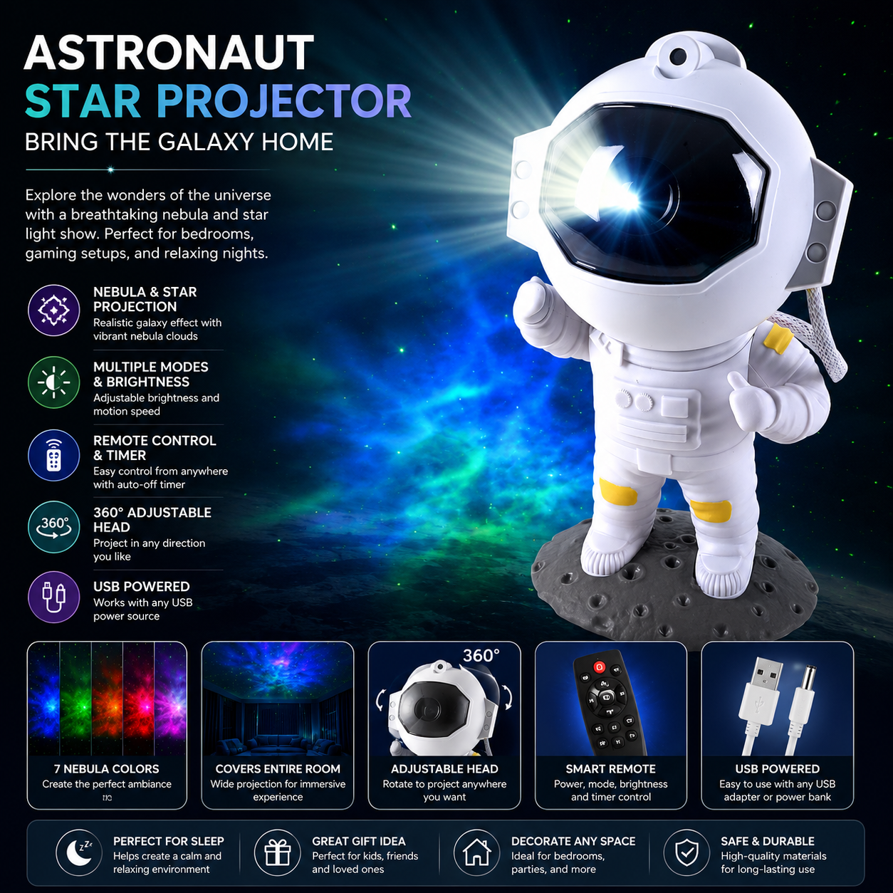 Astronaut Galaxy Star Projector – LED Nebula Night Light for Bedroom