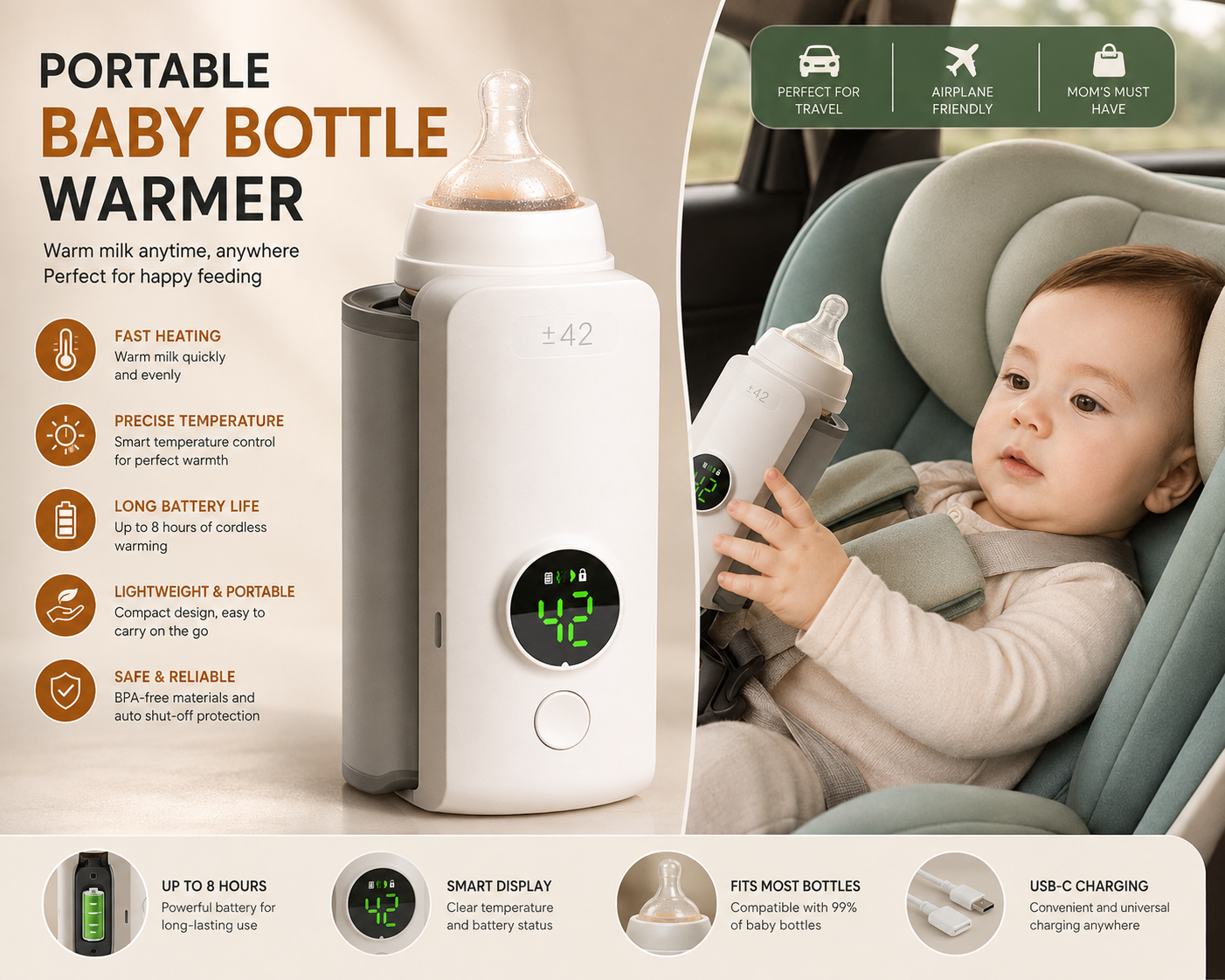 Portable Wireless Baby Bottle Warmer – USB Rechargeable Milk Warmer with Digital Display for Home, Car & Travel