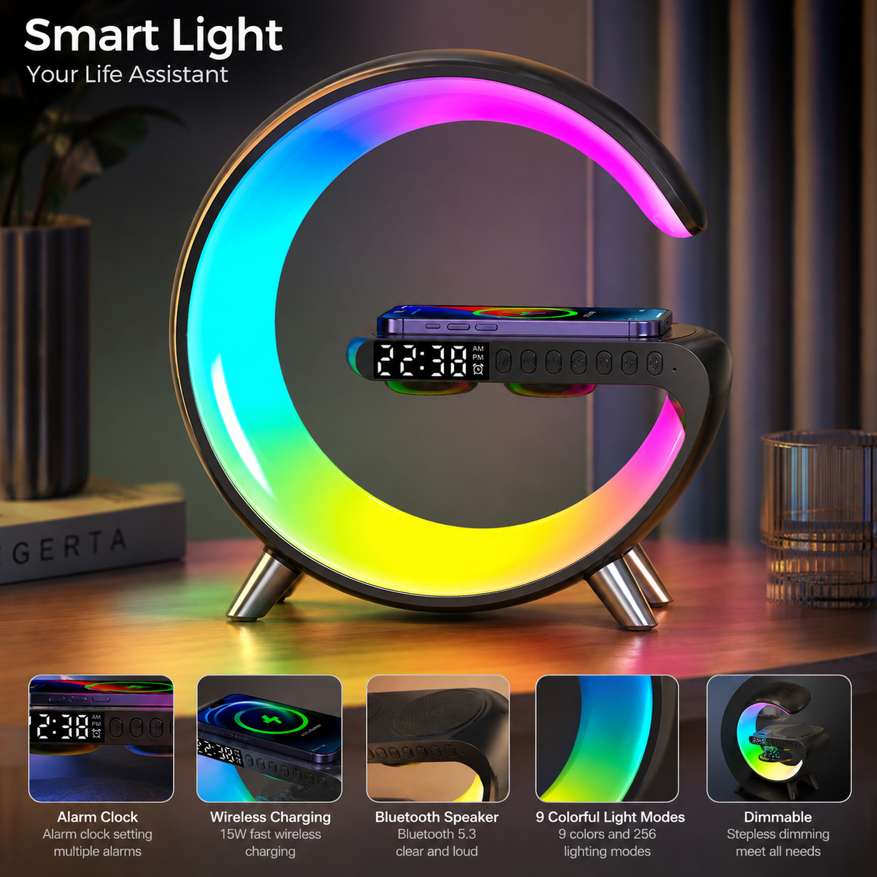 G Shape LED Atmosphere Lamp with Bluetooth Speaker, Wireless Charger & Clock