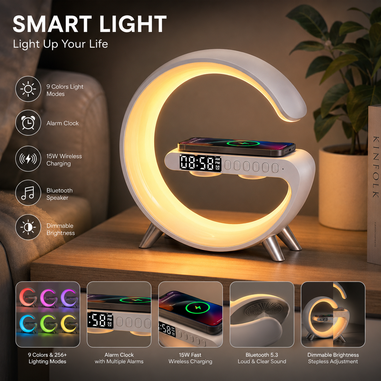 G Shape LED Atmosphere Lamp with Bluetooth Speaker, Wireless Charger & Clock