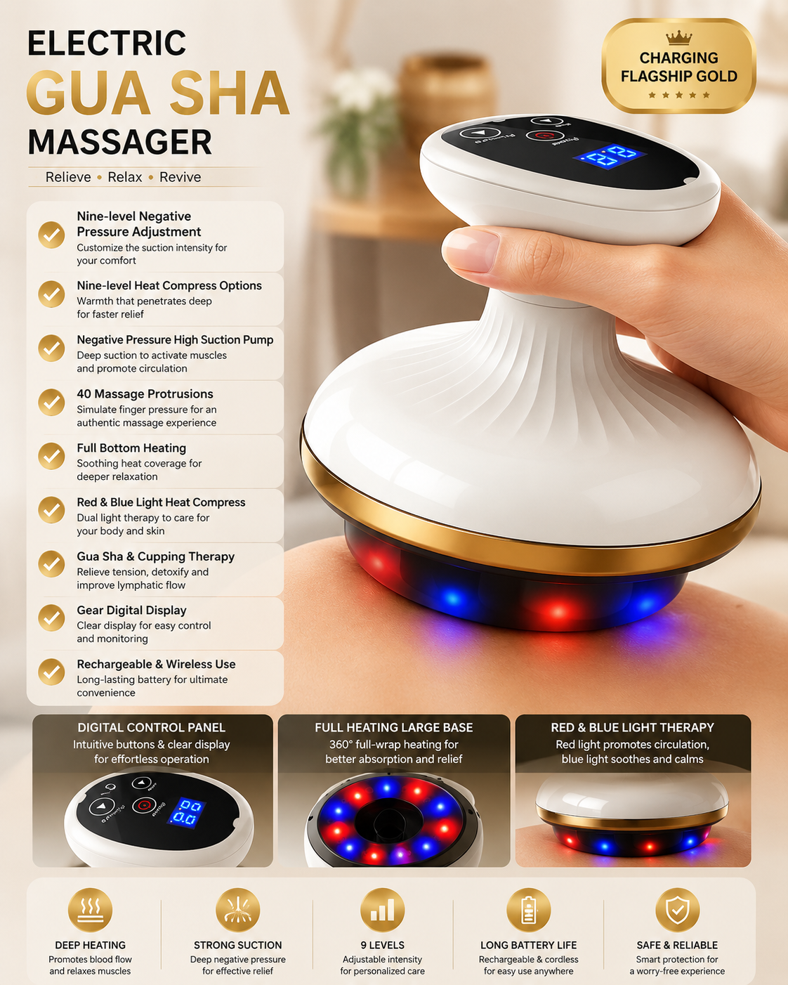 Electric GuaSha Facial & Neck Massager – 9-Speed Cupping & Meridian Brush Device