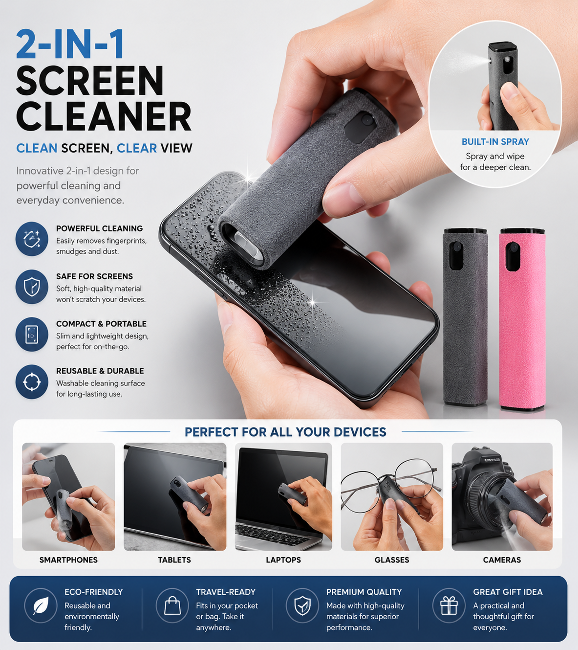Portable Screen Cleaner Kit – All-in-One Cleaning Spray & Brush for Phone & Laptop