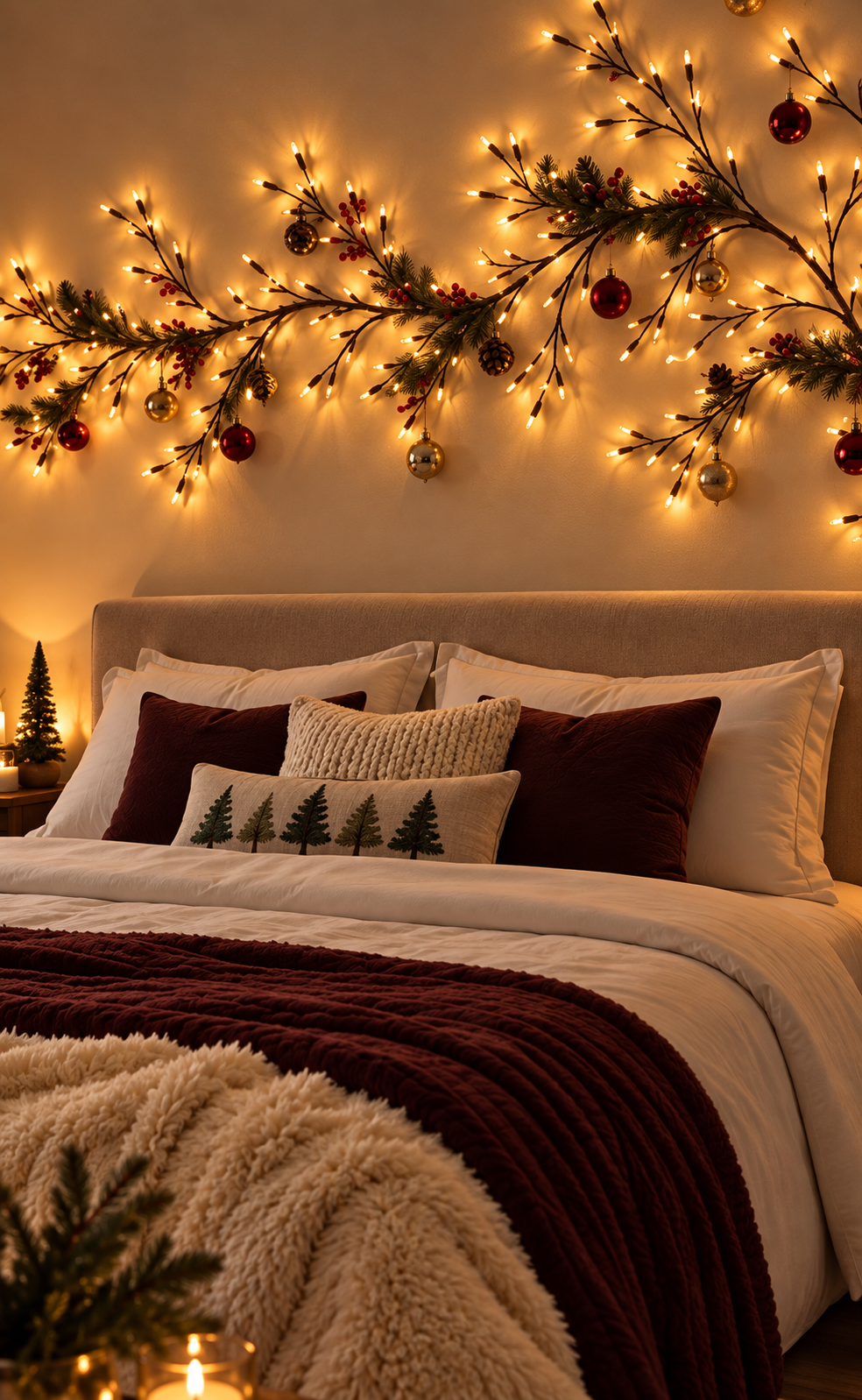 Glow Willow Christmas lights above a cozy bed